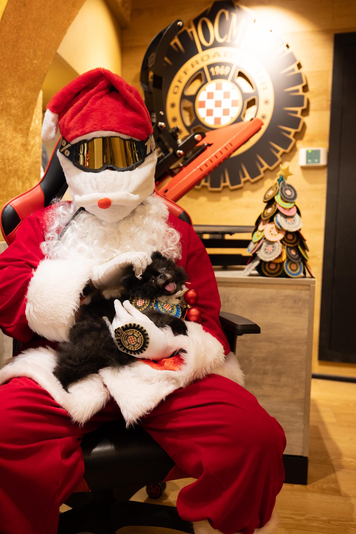 Babbo Natale OCM con il cane in boutique, albero di Natale OCM